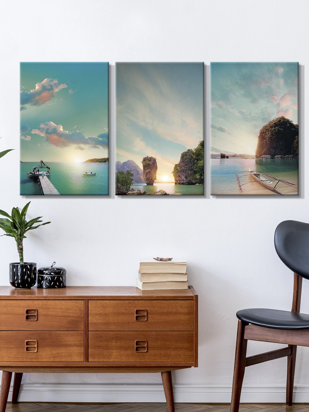 

999Store Set Of 3 Blue & Green Ocean Canvas Painting Wall Art