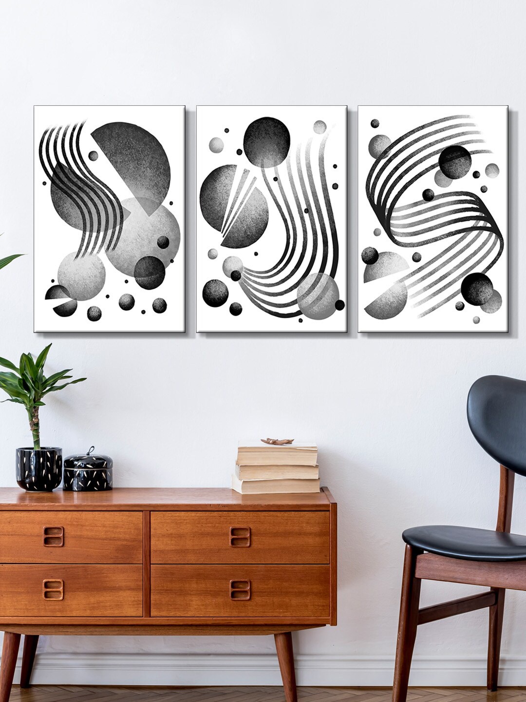 

999Store Set Of 3 White & Black Abstract Geometric Circle Painting Wall Art