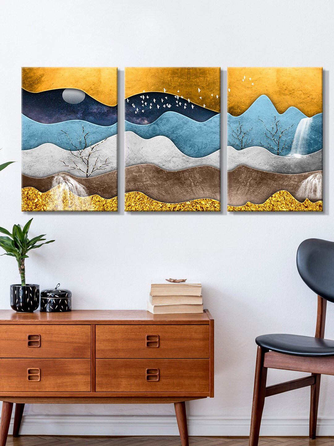 

999Store Set Of 3 Abstract Mountain Painting Wall Art, Gold