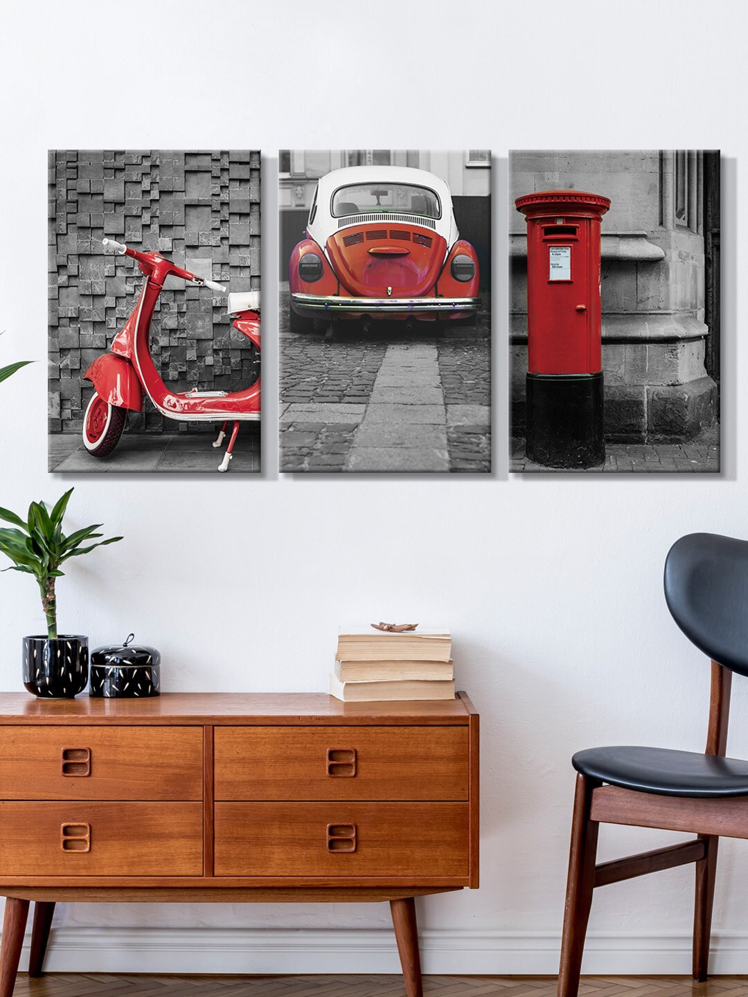 

999Store Set of 3 Grey & Red Classic Car With Scooter and Postoffice Painting Canvas Wall Art