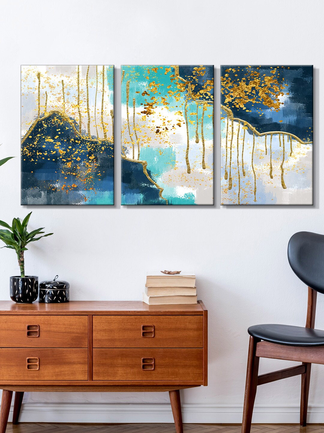 

999Store Set Of 3 Blue & Gold-Toned Canvas Painting Wall Art