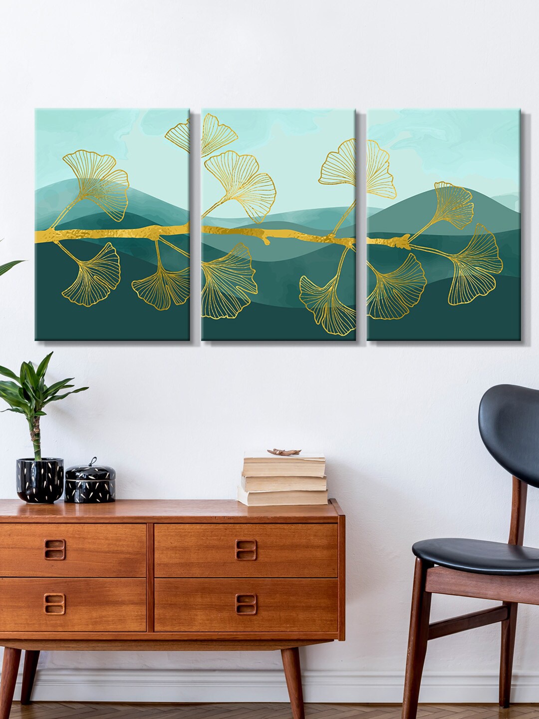 

999Store Set Of 3 Green & Blue Floral Abstract Painting Framed Wall Art