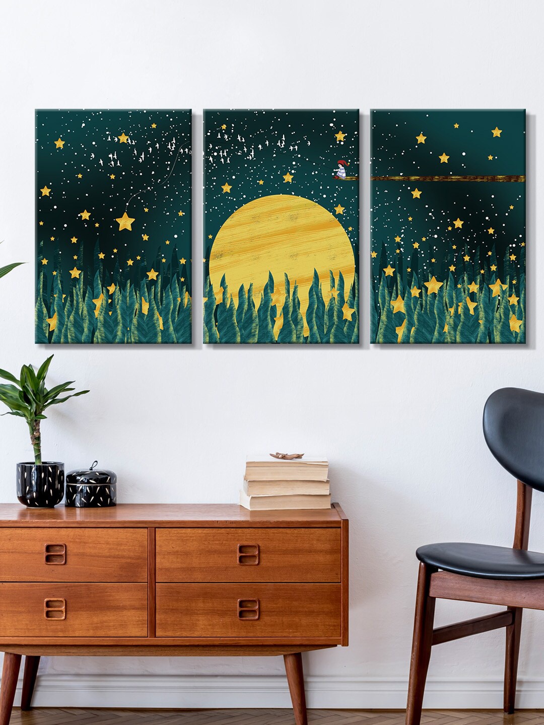 

999Store Set Of 3 Moonlight With Stars Painting Wall Art, Green