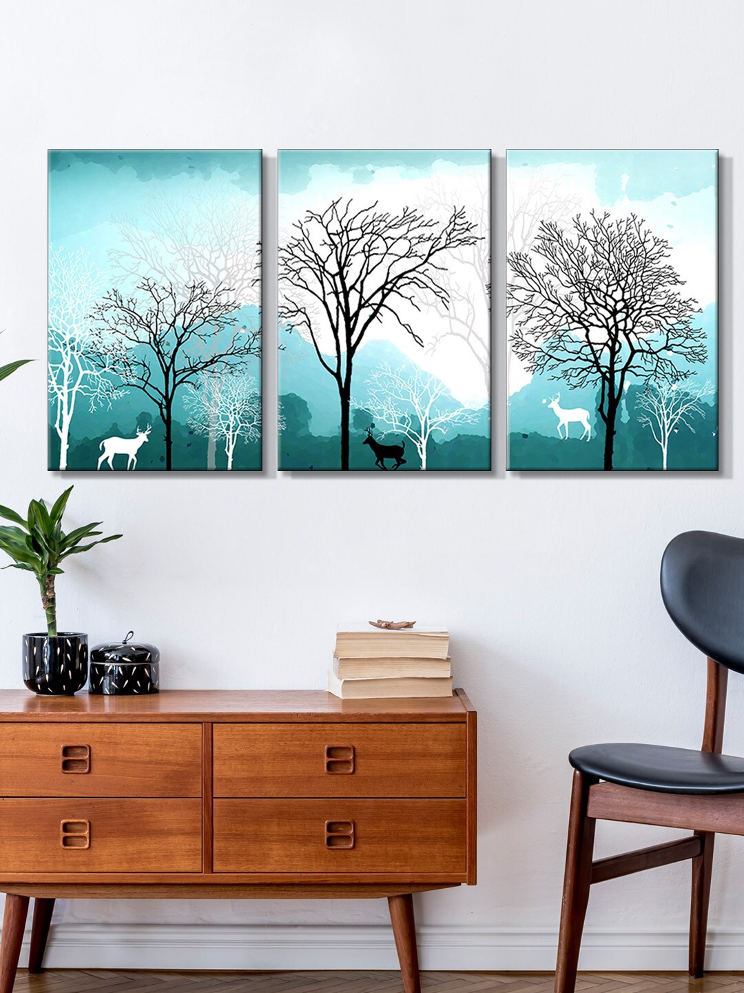 

999Store Set Of 3 Green & Blue Forest View With Beautiful Deer Canvas Painting Framed Wall Arts