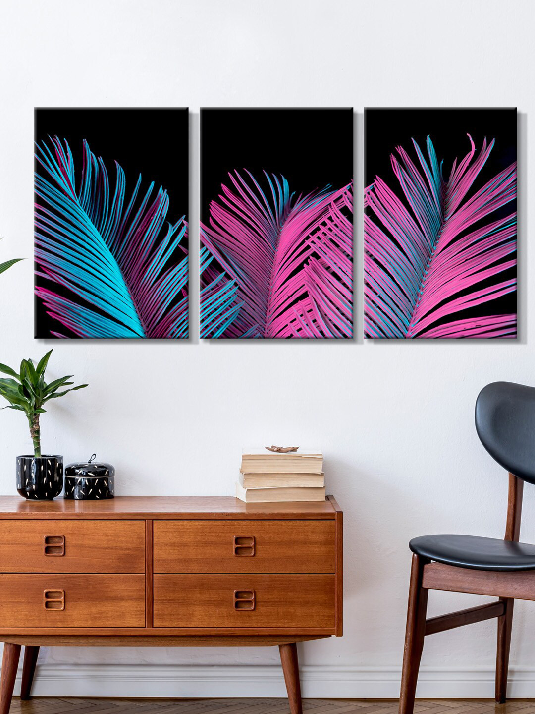 

999Store Set Of 3 Black & Blue Leaves Canvas Painting Wall Art