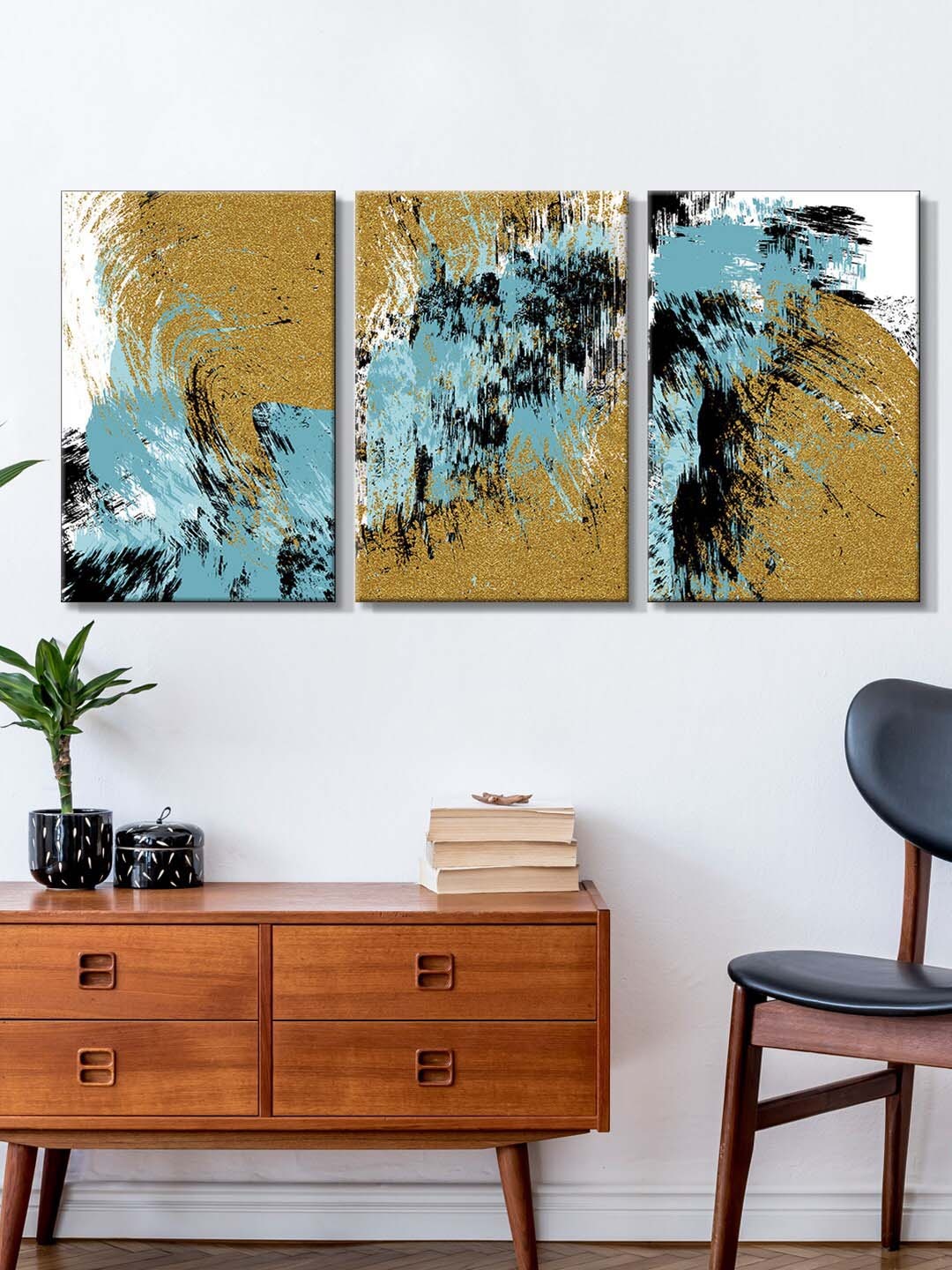 

999Store Set Of 3 Mustard & Turquoise Blue Abstract Painting Framed Wall Art