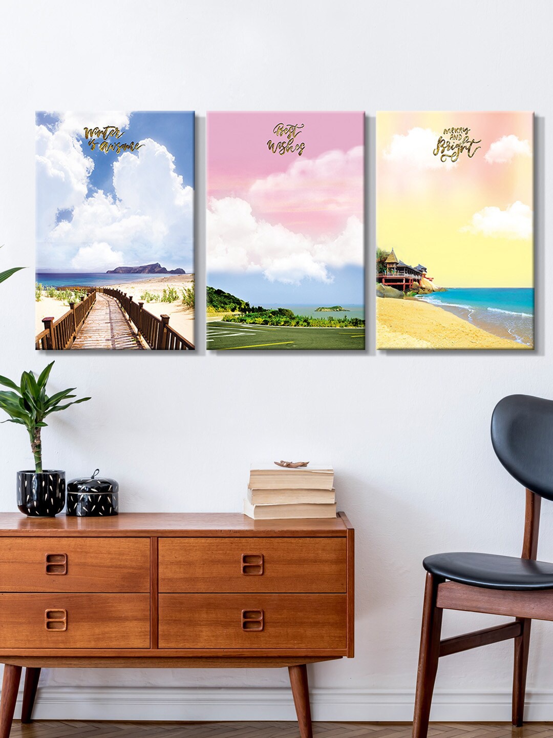 

999Store Set Of 3 Multicoloured Beautiful Beach Canvas Painting Wall Art, Multi