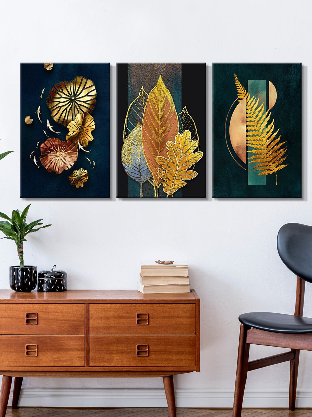 

999Store Set Of 3 Multicoloured Beautiful Leaves Painting Wall Art, Multi