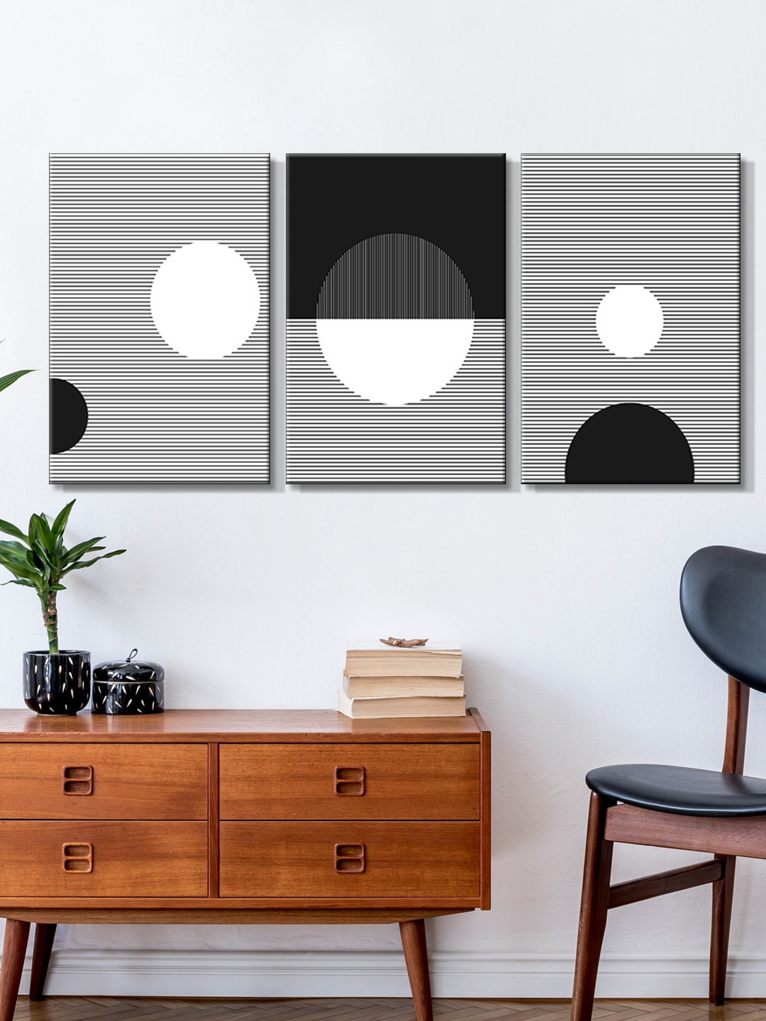 

999Store Set Of 3 Grey & Black Circle & Line Painting Framed Wall Art