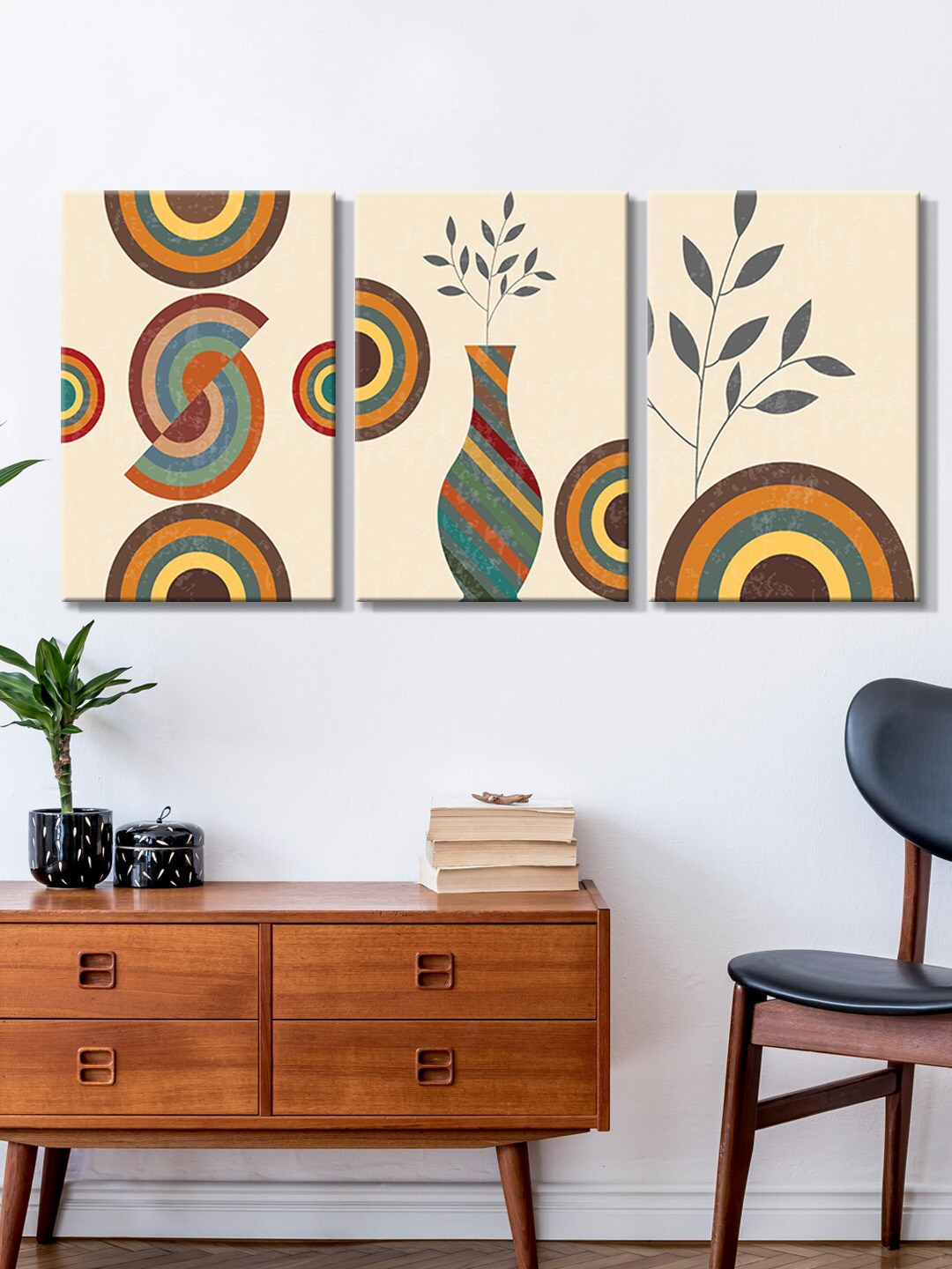 

999Store Set Of 3 Pink & Orange Flowers Ports With Leaves Canvas Painting Wall Art