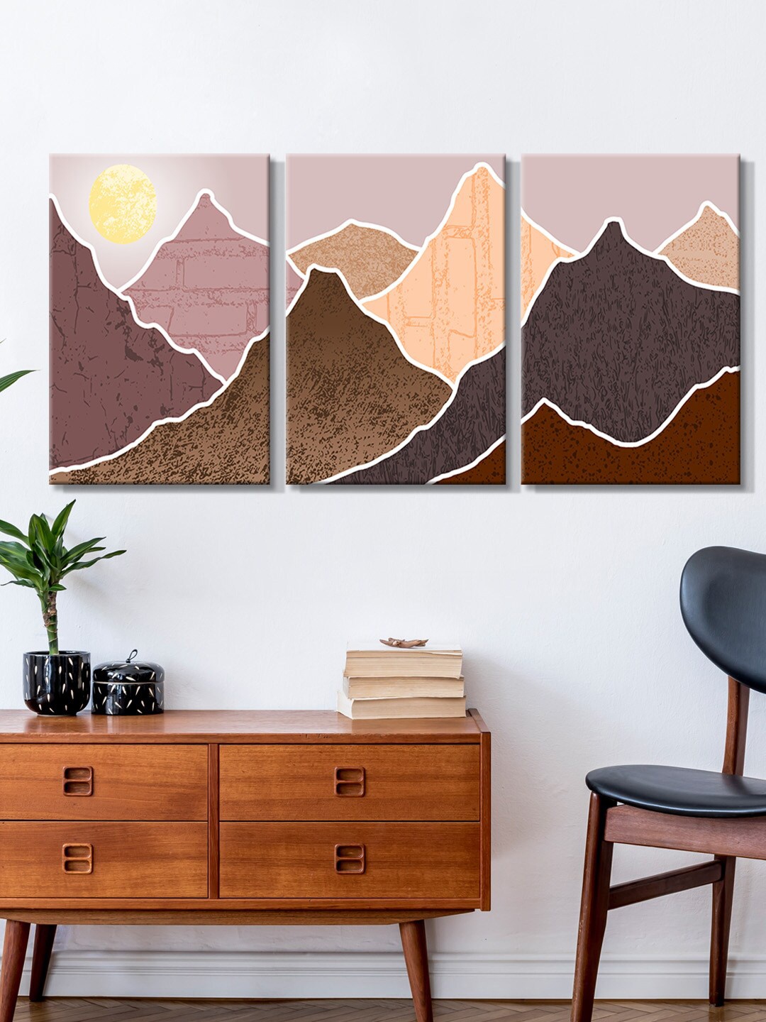 

999Store Set Of 3 Pink & Brown Sunset On The Mountain Canvas Painting Wall Art