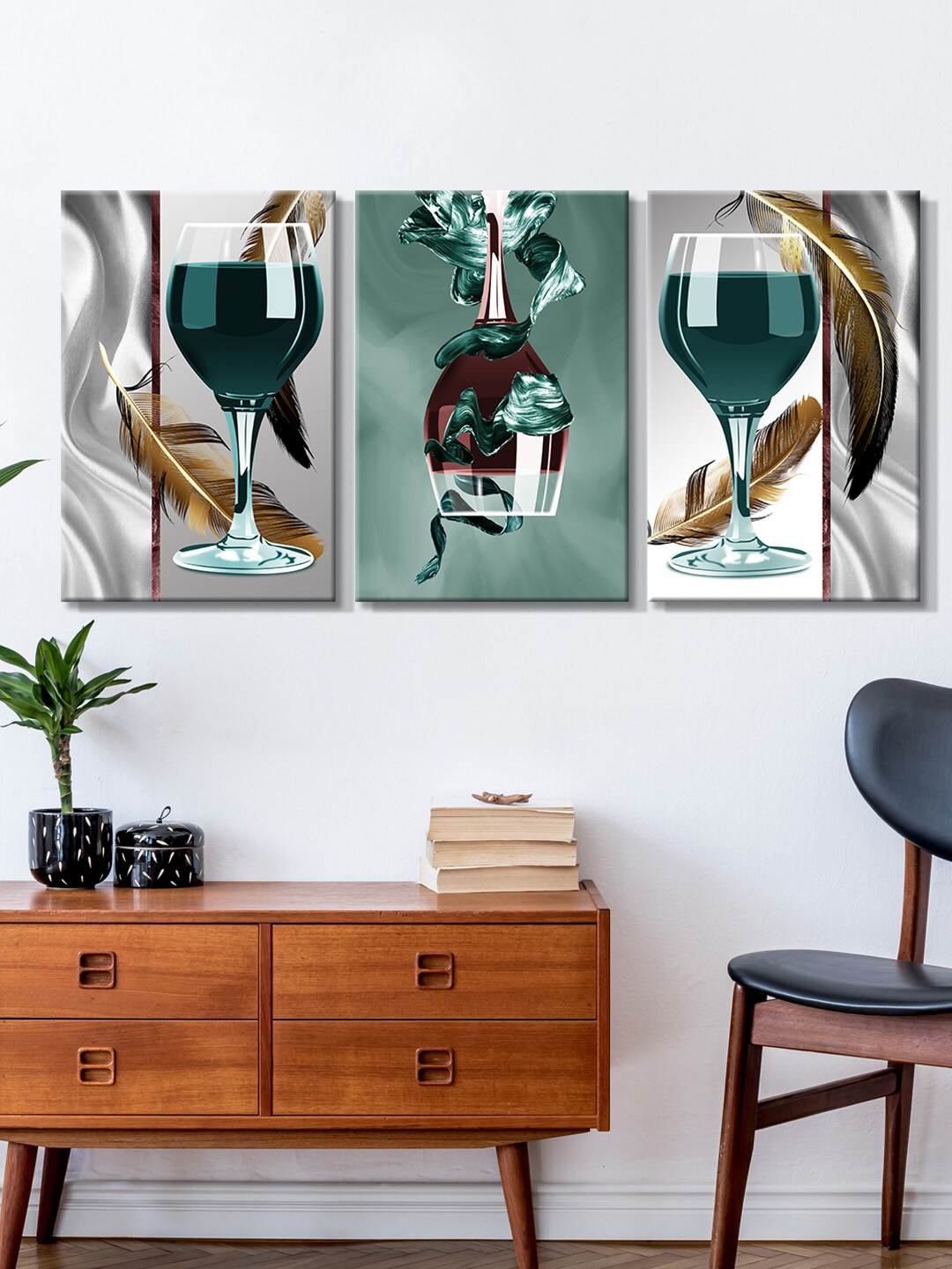 

999Store Set Of 3 Multicoloured Glass With Feathers Painting Framed Wall Art, Multi