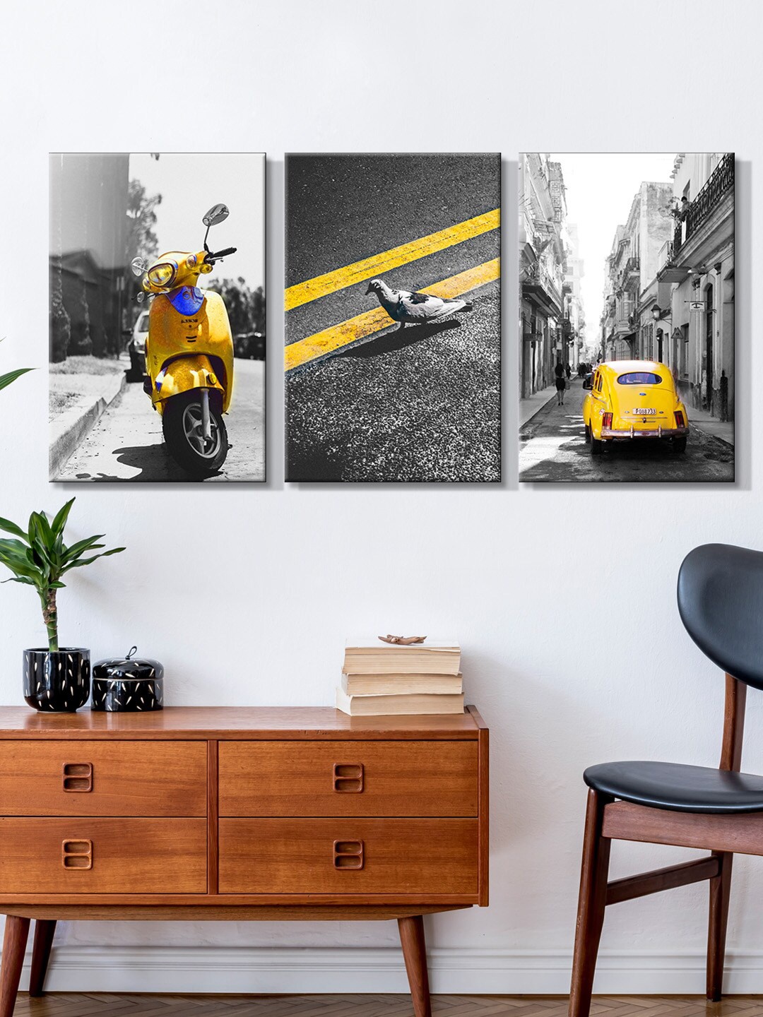 

999Store Set Of 3 Grey & Yellow Car With Scooter Canvas Painting Wall Art