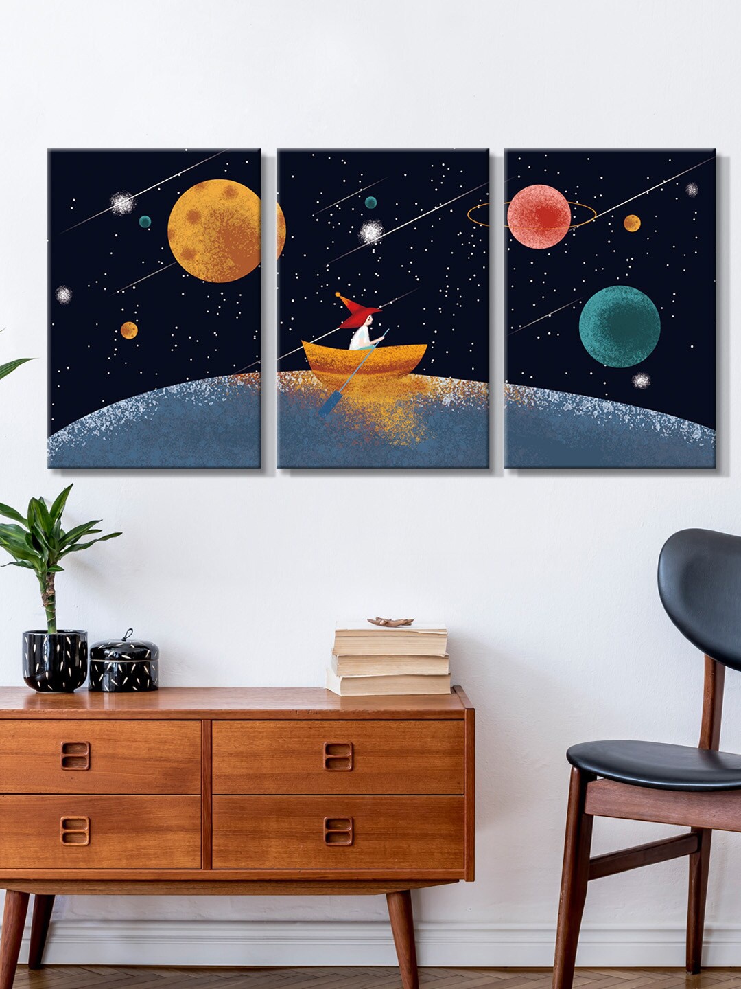 

999Store Set Of 3 Black & Orange Space Canvas Painting Wall Art