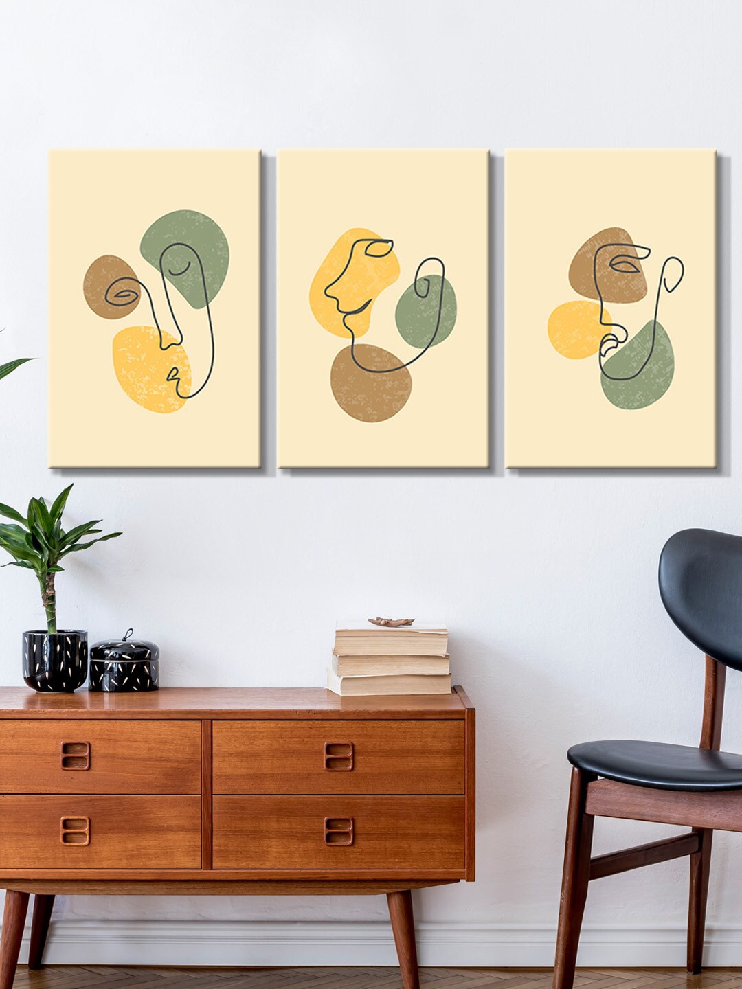 

999Store Set Of 3 Yellow & Green Face Line Canvas Painting Wall Art