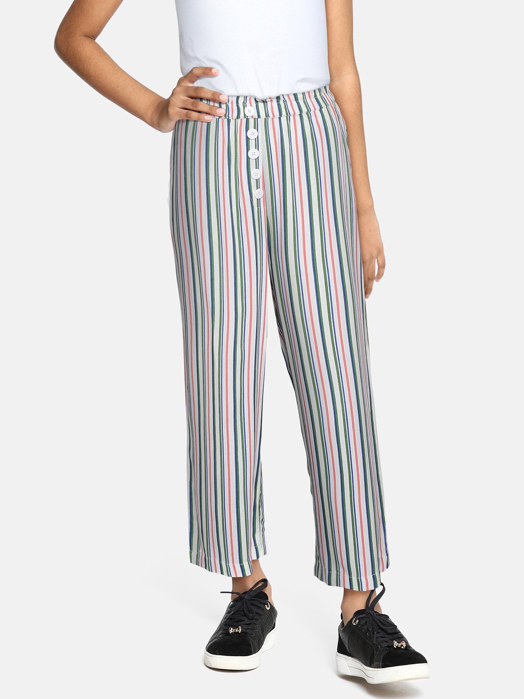 

Pepe Jeans Girls White & Teal Green Striped Trousers