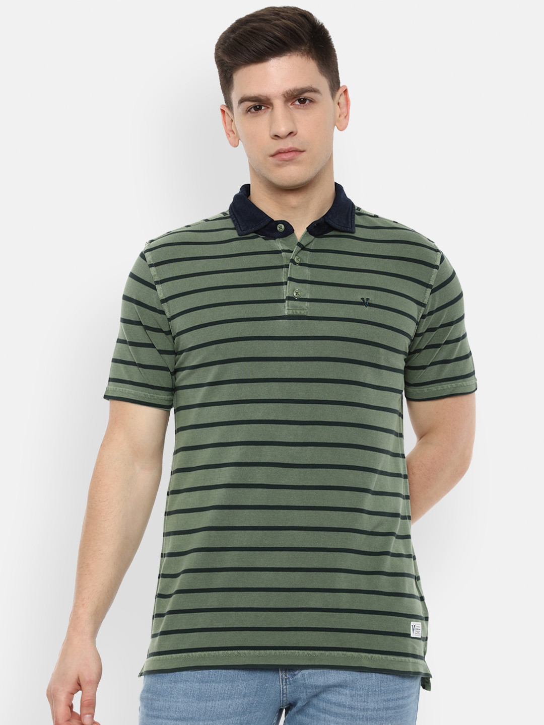 

VAN HEUSEN DENIM LABS Men Green Striped Pure Cotton Polo Collar T-shirt