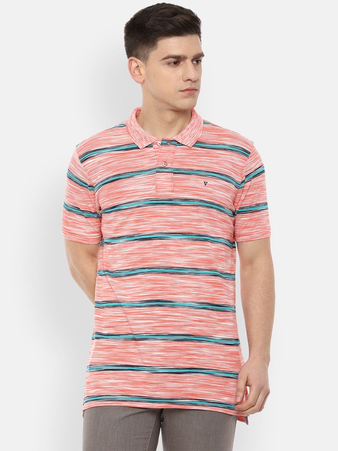 

Van Heusen Sport Men Peach-Coloured Striped Polo Collar T-shirt