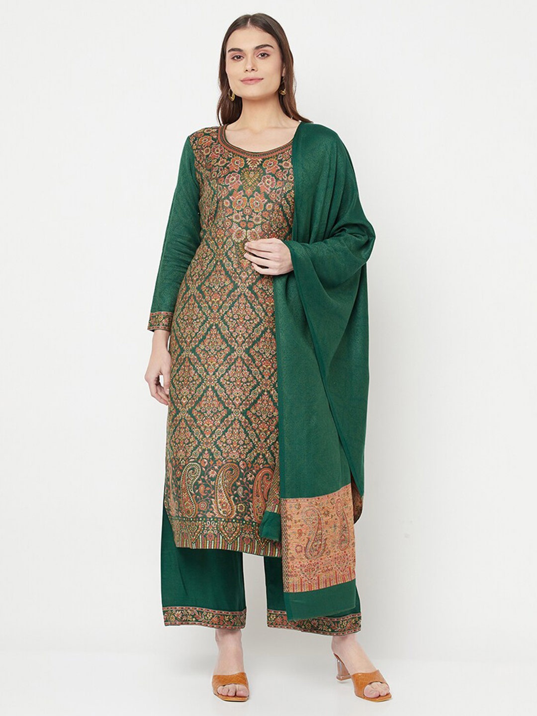 

Safaa Green & Orange Viscose Rayon Unstitched Dress Material