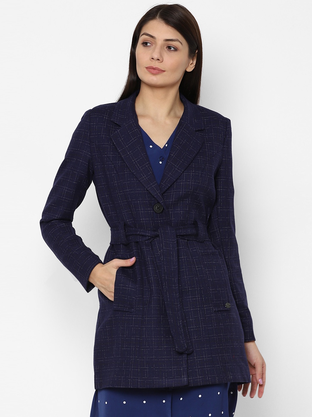 

Allen Solly Woman Women Navy Blue Checked Longline Tailored Jacket With Belt