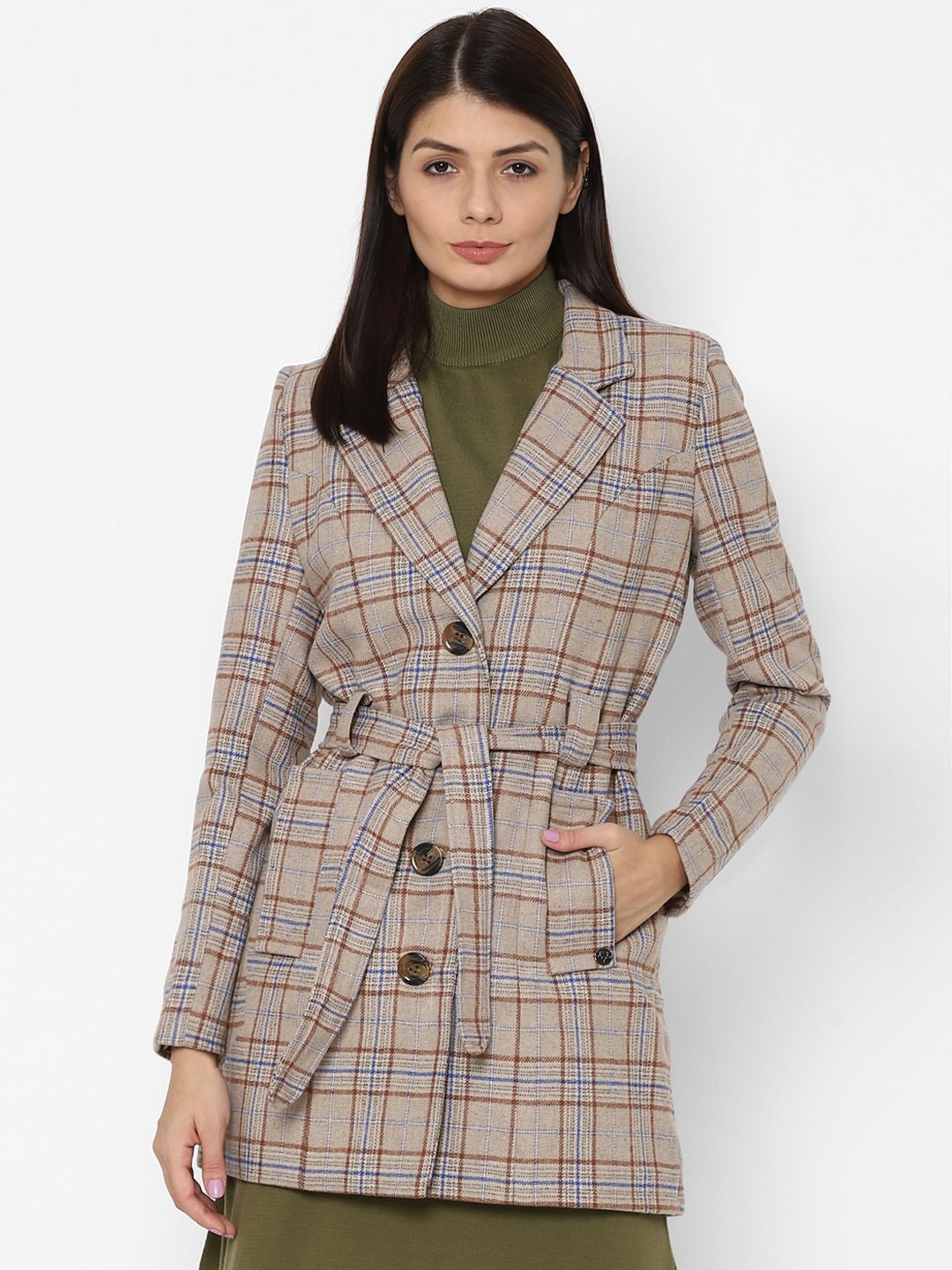 

Allen Solly Woman Women Khaki Grey Checked Longline Tailored Jacket