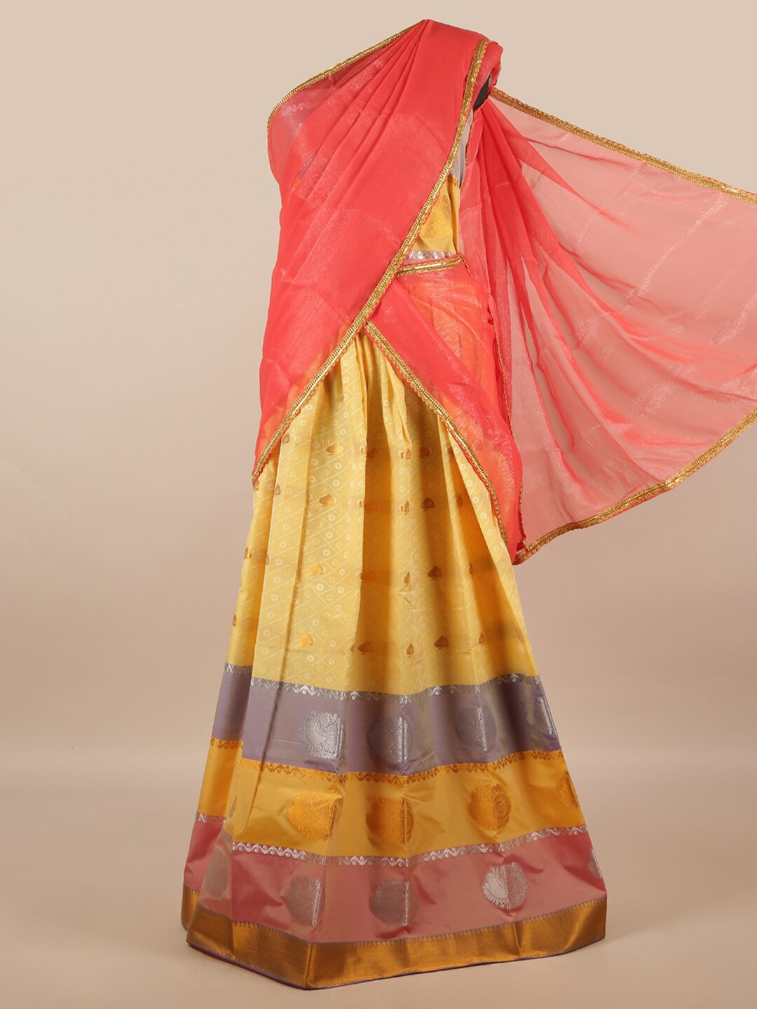 

Pothys Peach-Coloured & Yellow Unstitched Lehenga & Blouse With Dupatta
