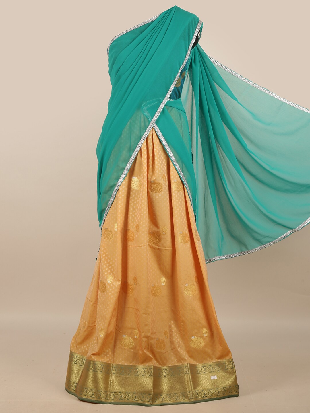 

Pothys Green & Peach-Coloured Unstitched Lehenga & Blouse With Dupatta