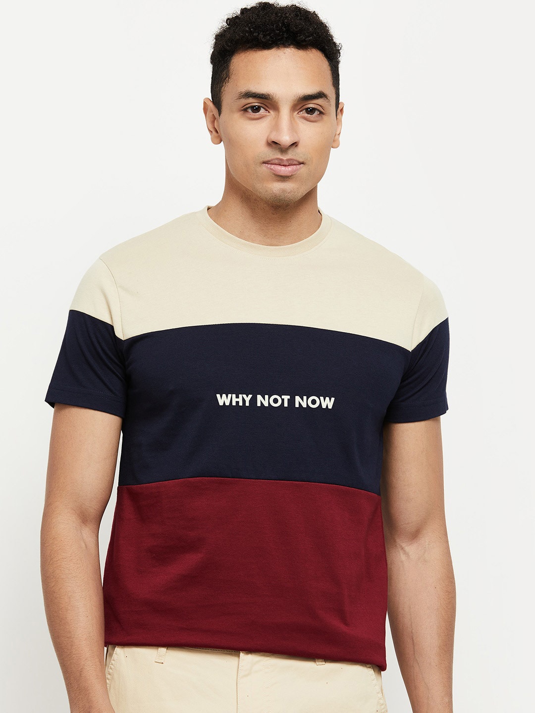 

max Men Beige & Red Colourblocked T-shirt