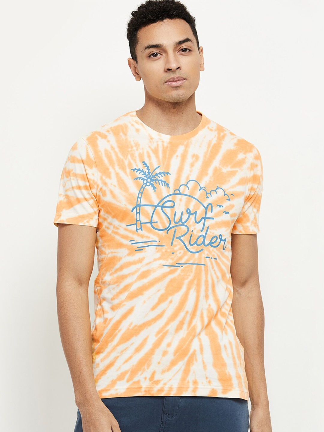 

max Men Orange Tie & Dye Printed Pure Cotton T-shirt