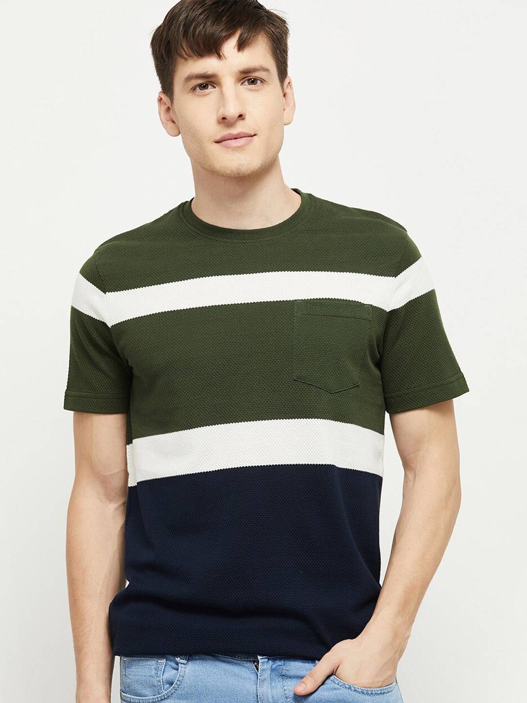 

max Men Green & White Striped T-shirt