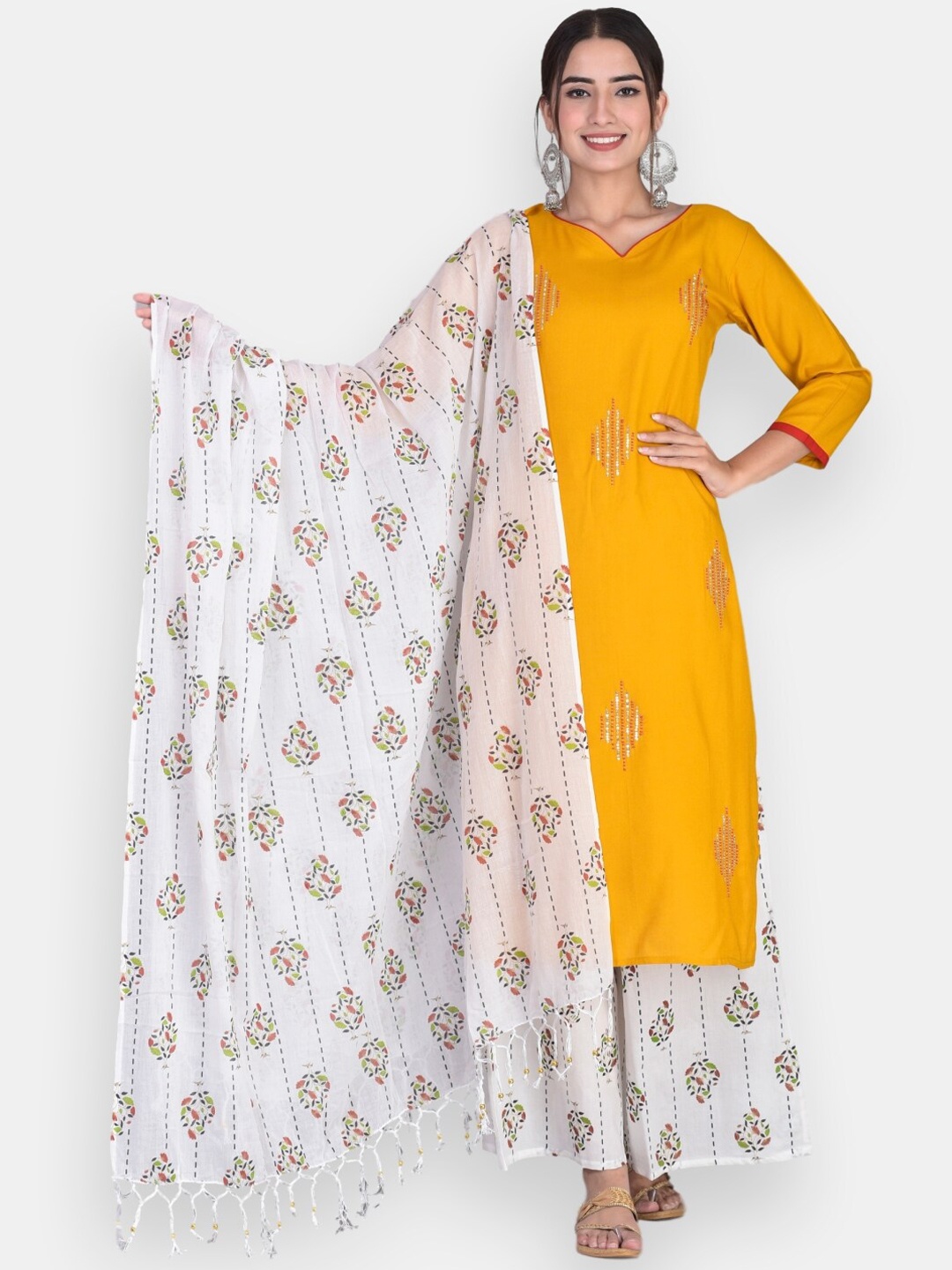 

VEDANA Women Mustard Yellow Ethnic Motifs Printed Kurta with Palazzos & Dupatta