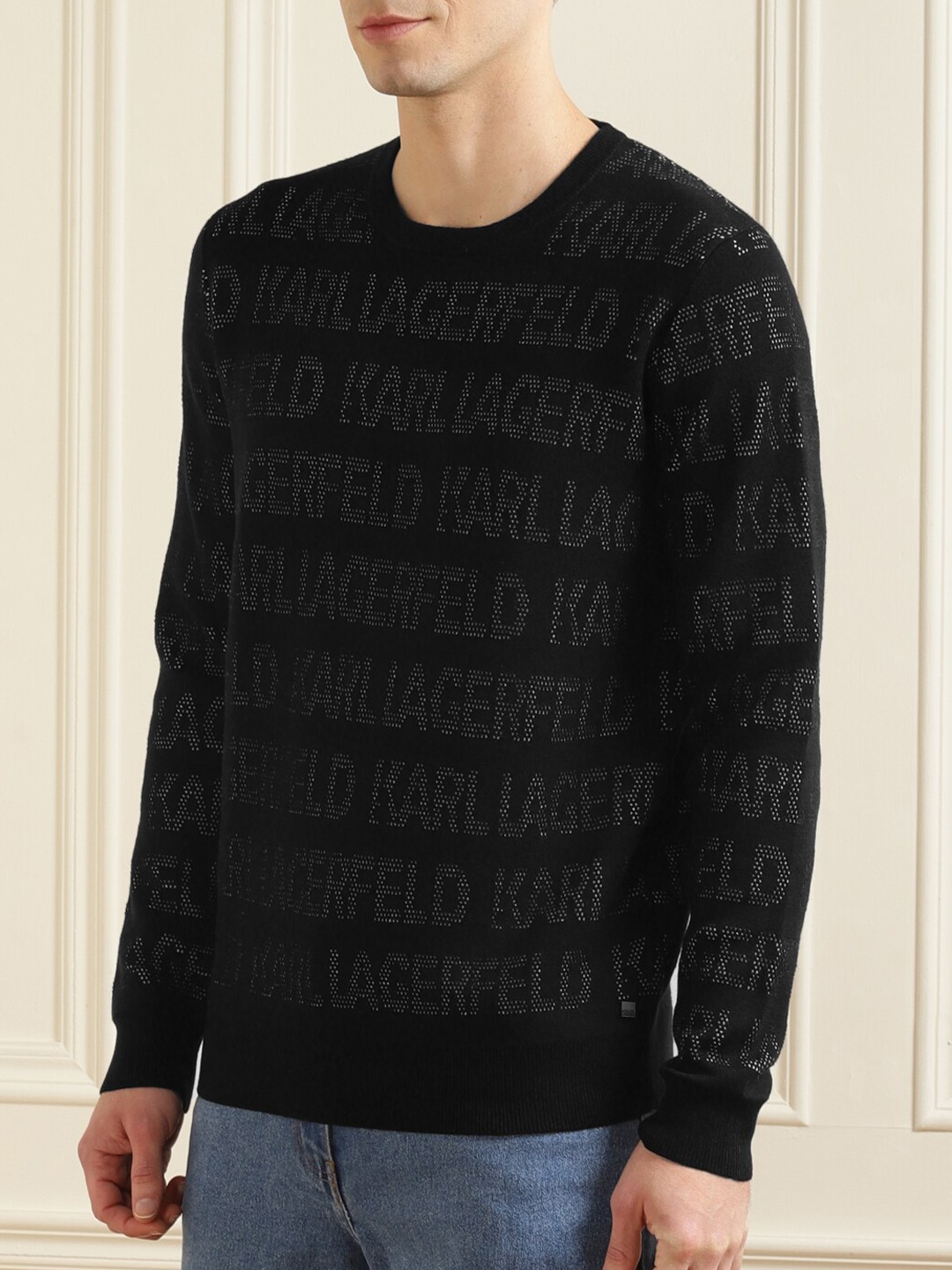 

LAGERFELD Men Black Typography Printed Pure Cotton Pullover
