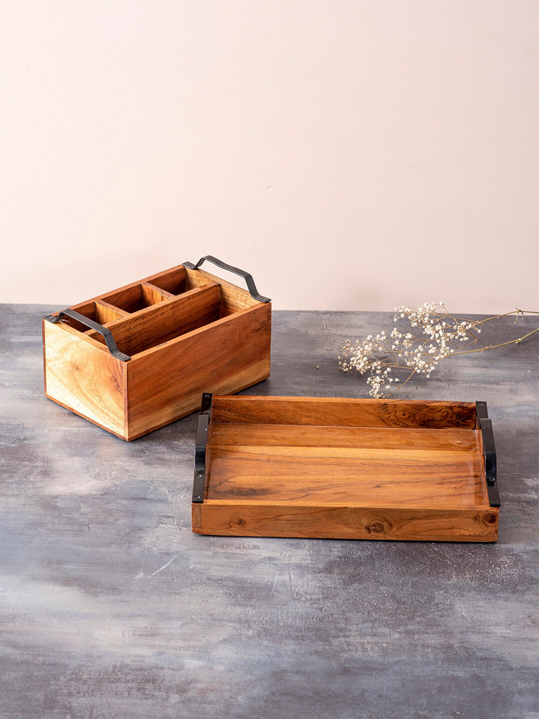 

nestroots Brown 2 Pcs Wooden Serving Tray & Cutlery Holder