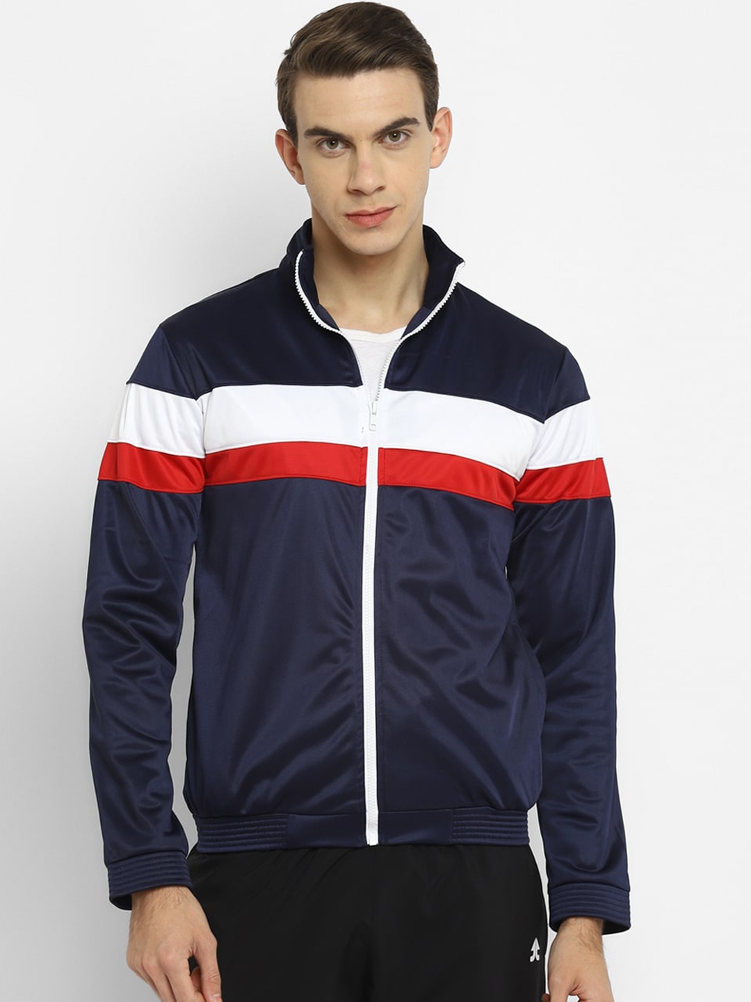 

Yuuki Men Navy Blue Striped Lightweight Sporty Jacket