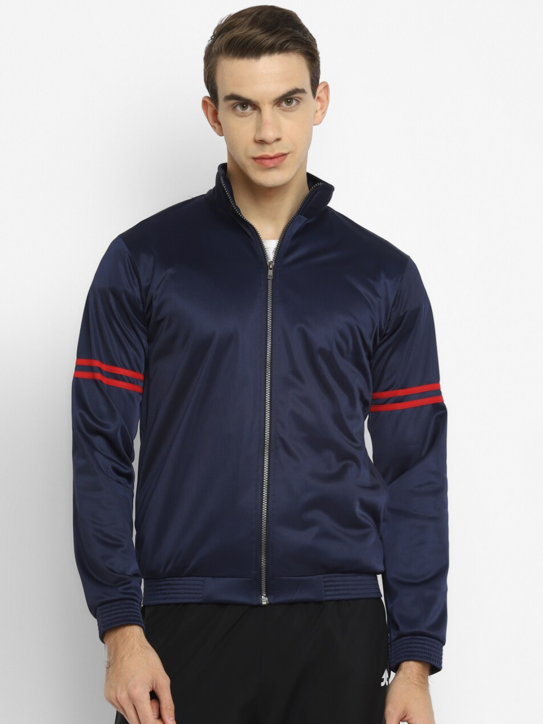 

Yuuki Men Navy Blue Striped Lightweight Sporty Jacket