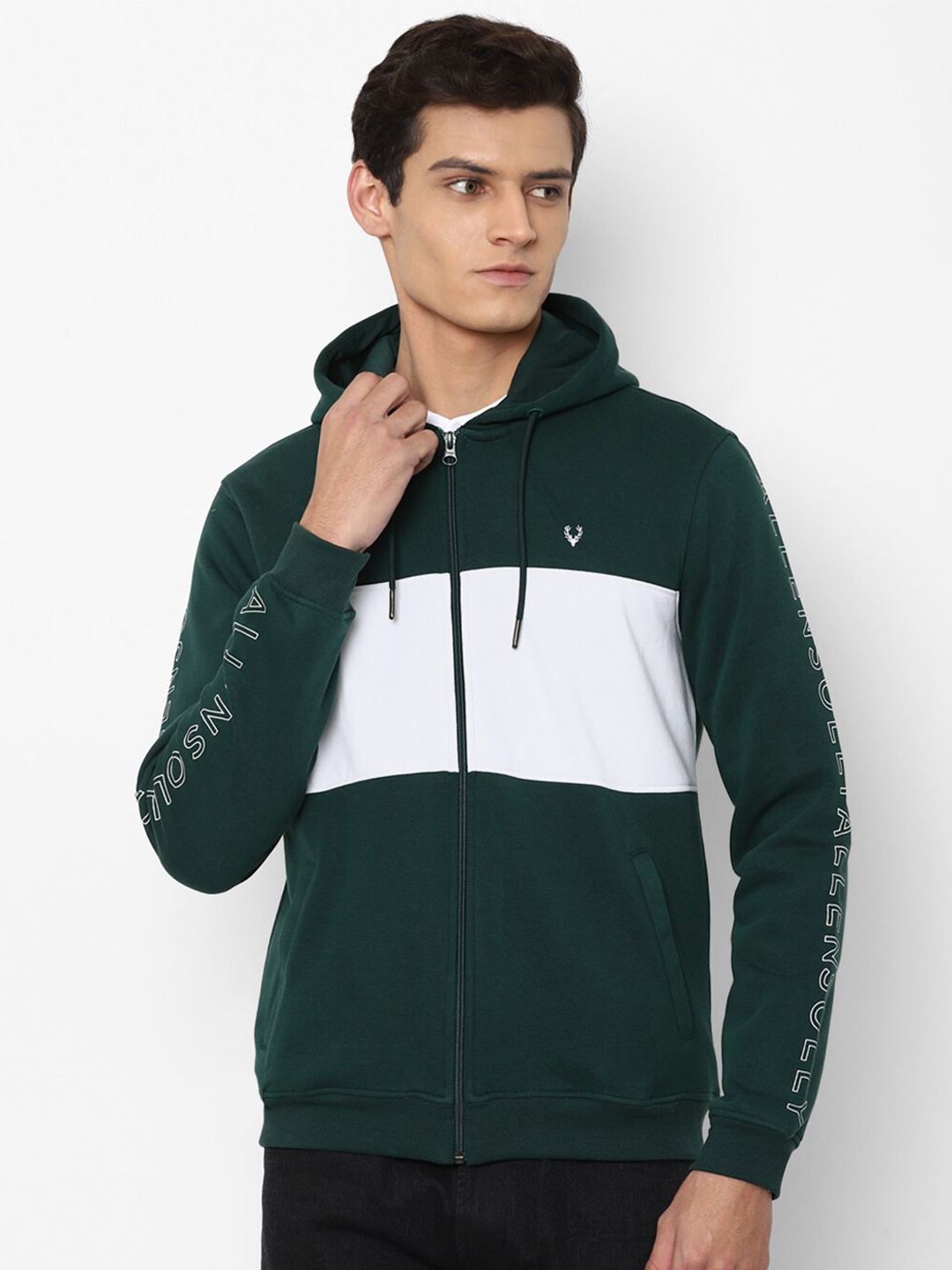

Allen Solly Men Green & White Colourblocked Hooded Sweatshirt