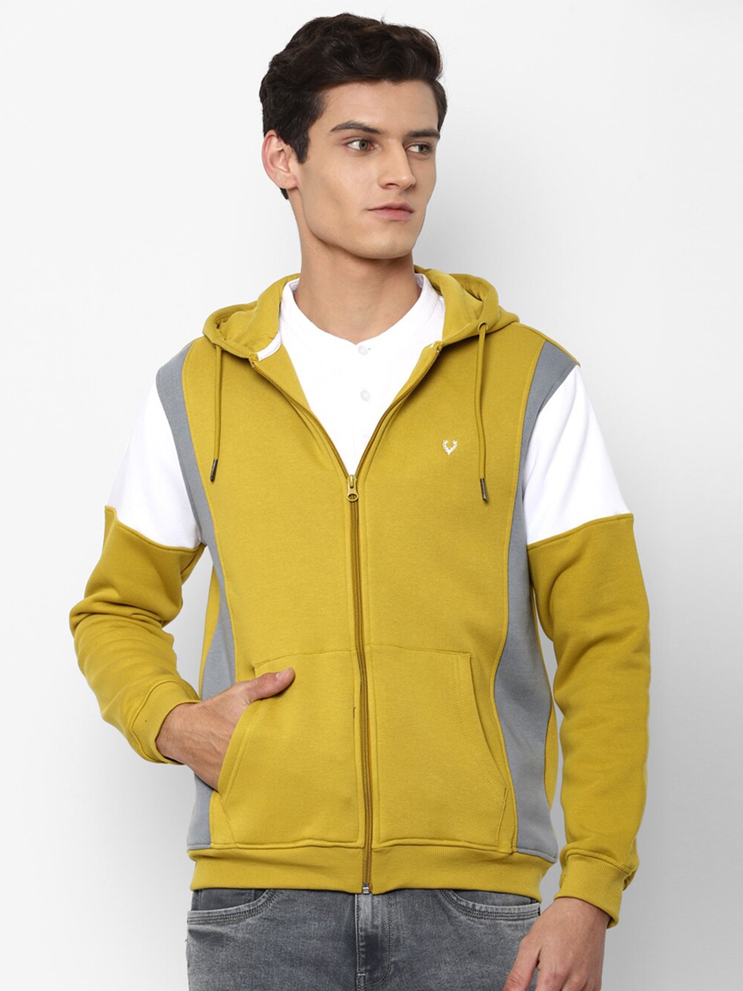 

Allen Solly Men Yellow & White Colourblocked Pure Cotton Hooded Sweatshirt