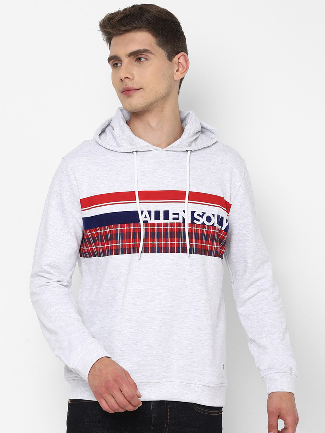 

Allen Solly Men Grey Melange Printed Hooded Sweatshirt
