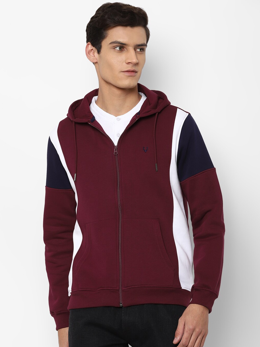 

Allen Solly Men Maroon & White Colourblocked Pure Cotton Hooded Sweatshirt