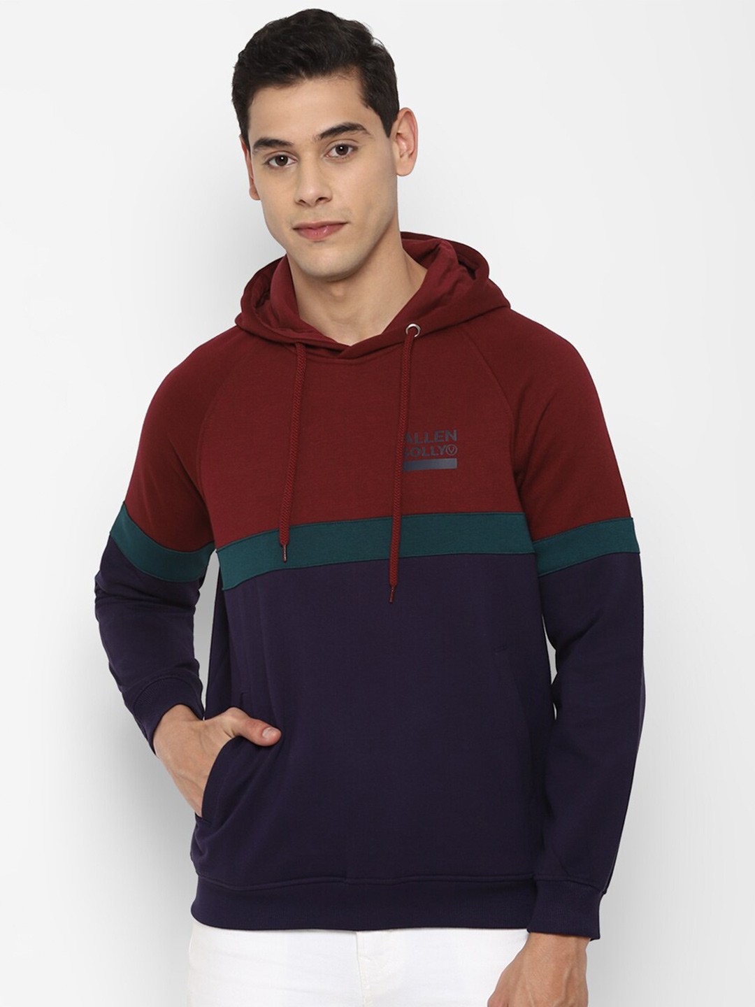 

Allen Solly Men Navy Blue & Maroon Colourblocked Hooded Sweatshirt
