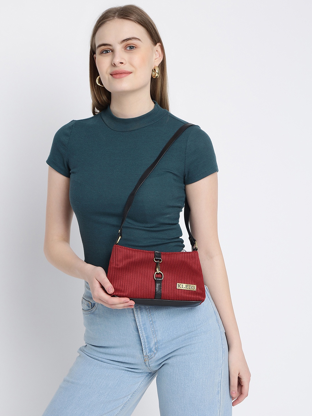 

KLEIO Textured Fabric Shoulder Bag, Maroon