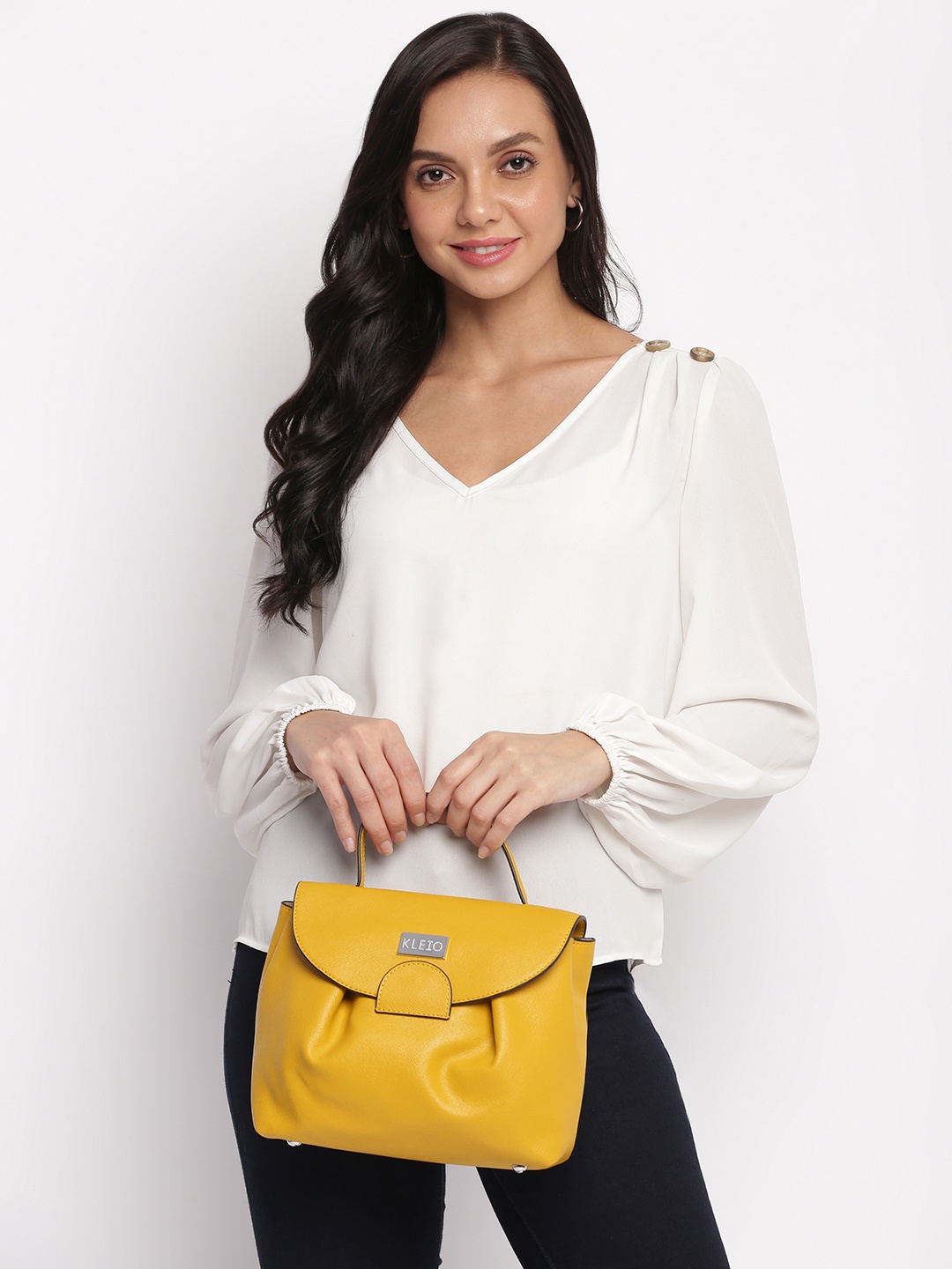 

KLEIO Mustard Yellow Saffiano Textured Satchel with Detachable Sling Strap