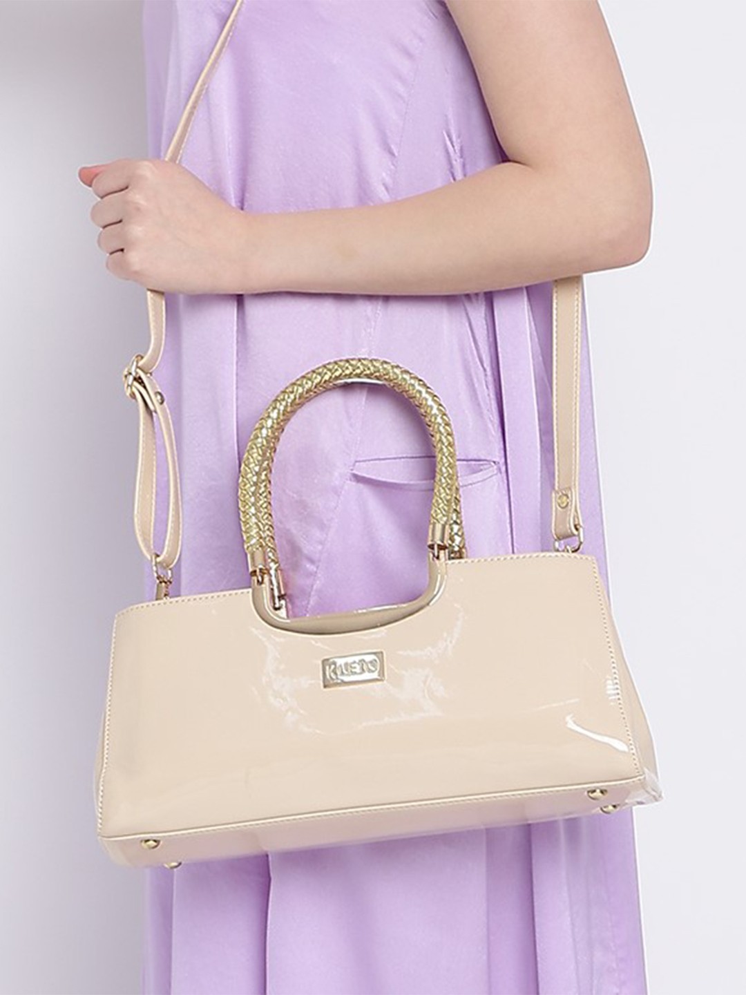 

KLEIO Patent PU Braided Handle Handbag, Beige