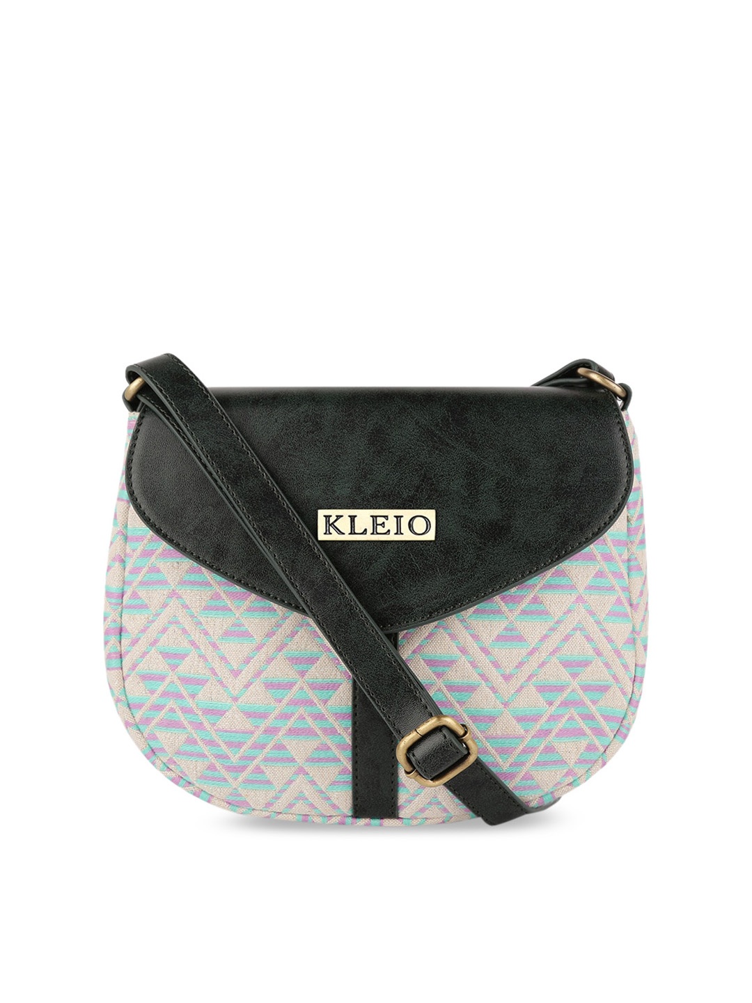 

KLEIO Olive Green Geometric Printed PU Structured Jacquard Sling Bag with Quilted