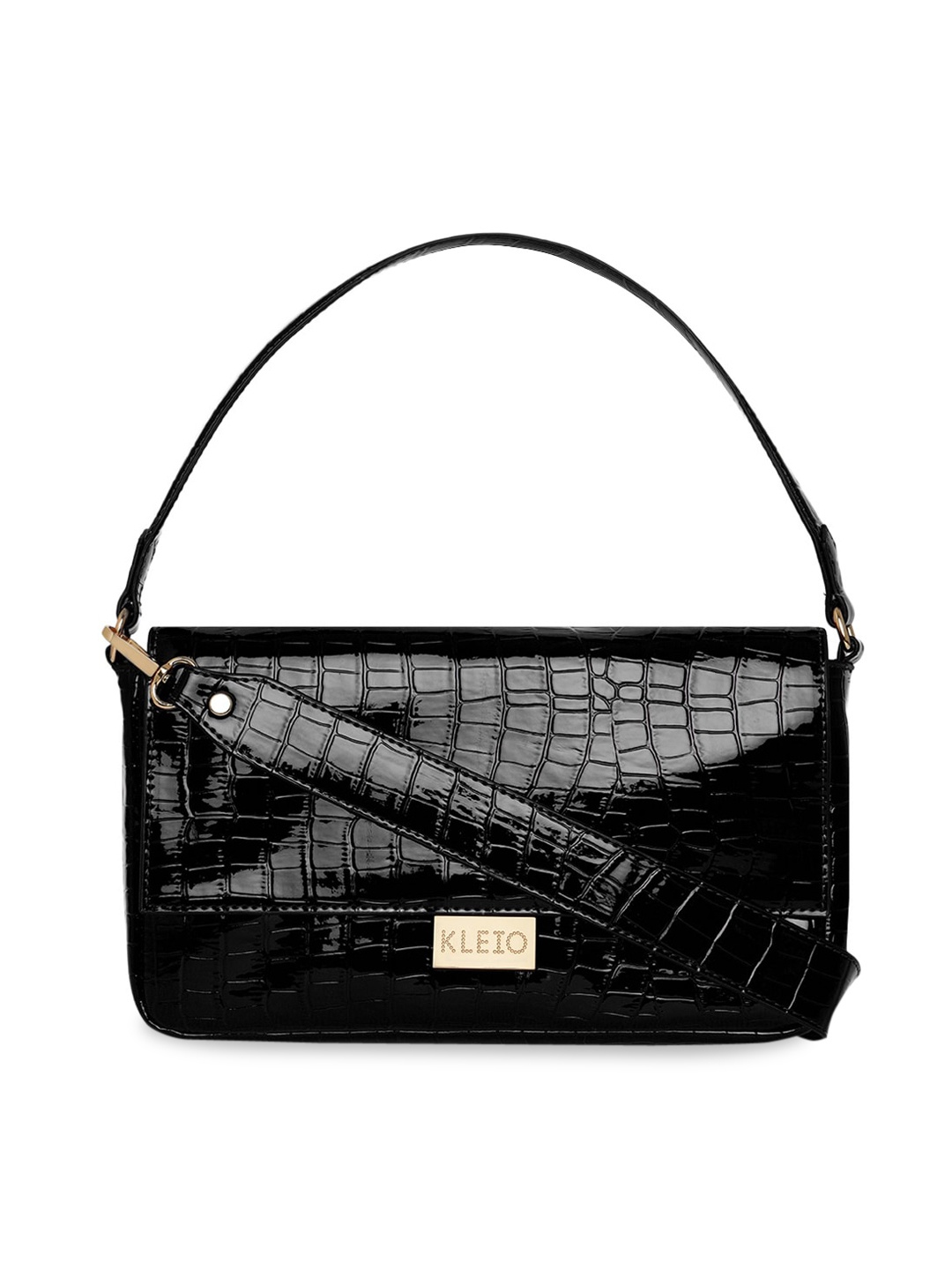 

KLEIO Women Croco Textured Baguette Bag with Dual Handles, Black