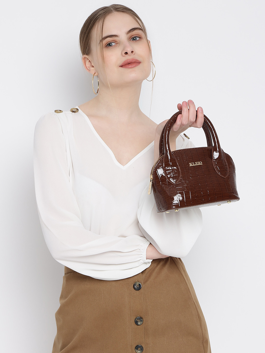 

KLEIO Coffee Brown Croc Textured Structured Handheld Bag with Detachable Sling Strap