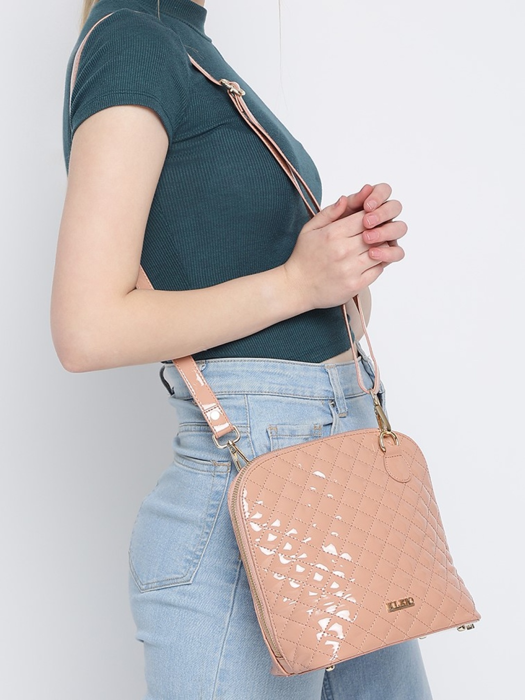 

KLEIO Quilted Structured Sling Bag, Peach
