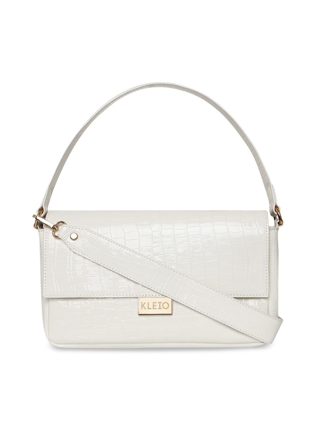 

KLEIO Croco Textured Baguette Bag with Dual Handles, White
