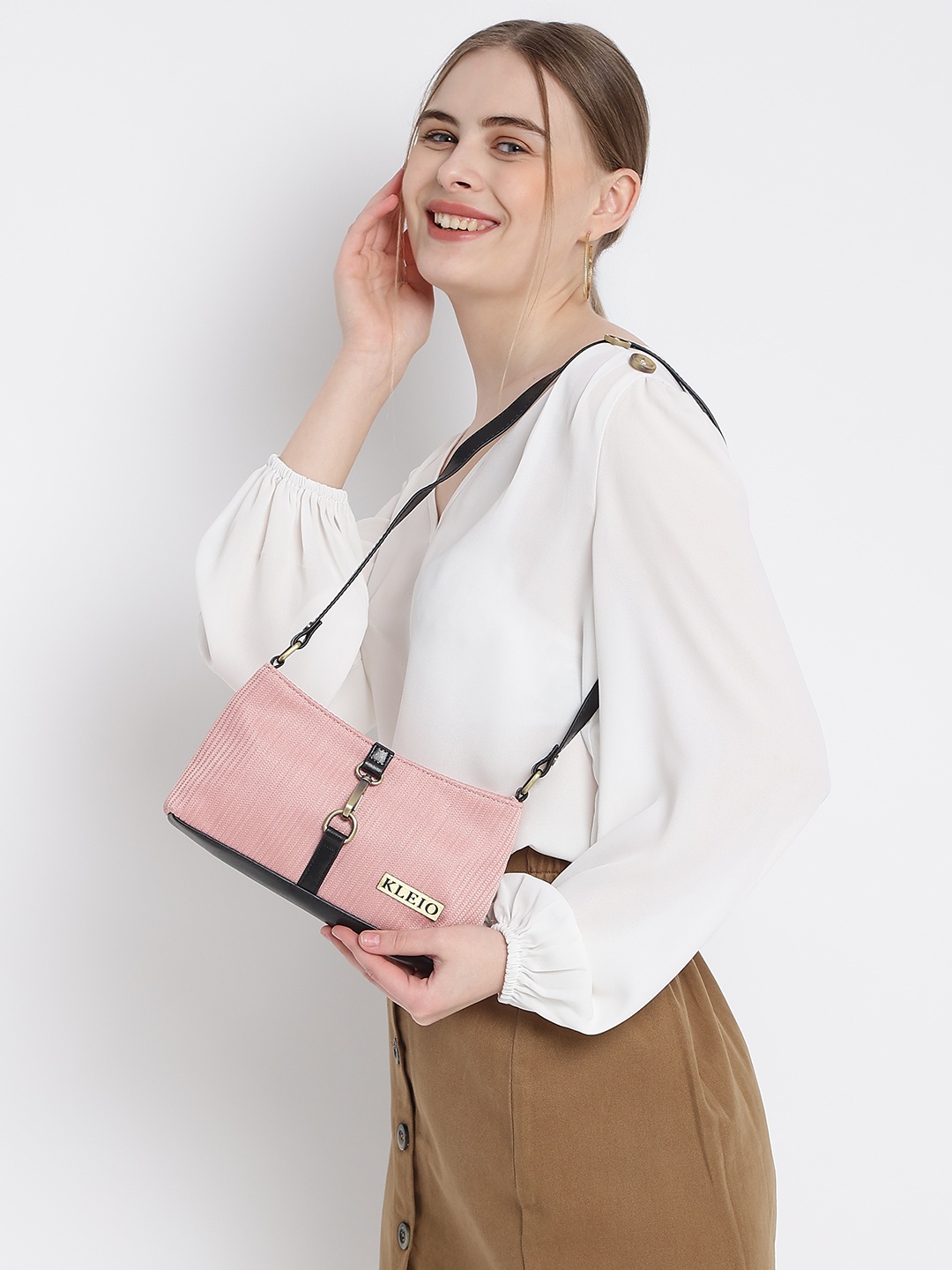 

KLEIO Pink Self Striped Shoulder Bag with Buckle Detail