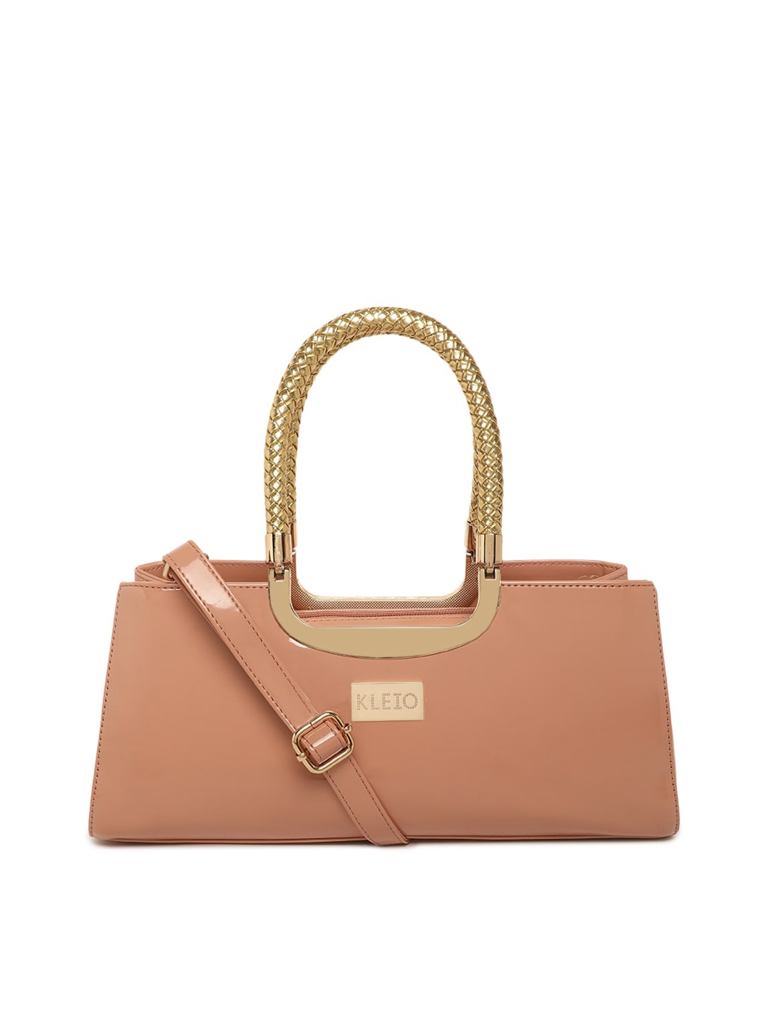 

KLEIO Patent PU Braided Handle Handbag, Peach